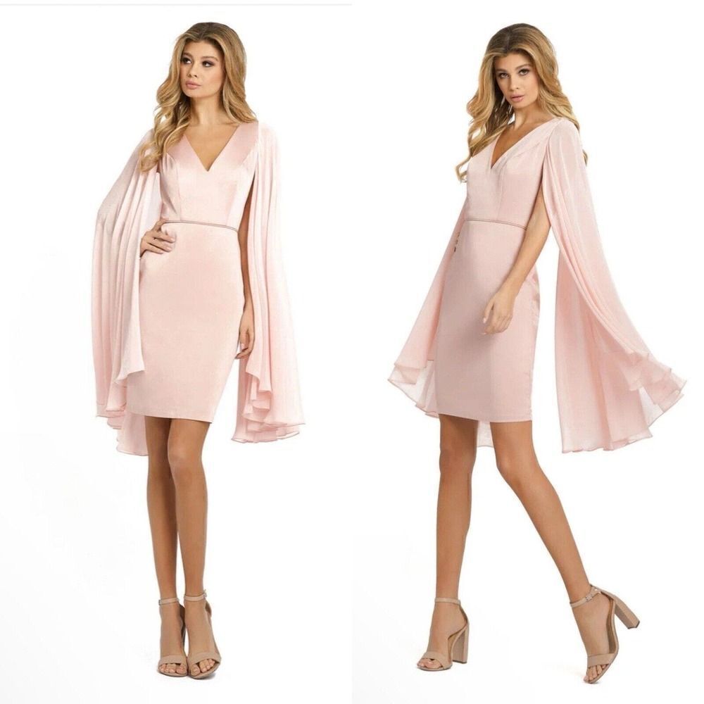 Mac Duggal Ieena Pink Cape Chiffon Short Knee Length Dress Sz 6 $358 NWT